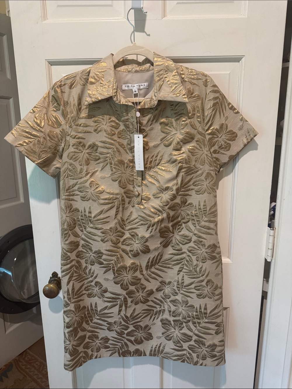 Tory Burch Gold and Beige Tropical Brocade Mini Dress
